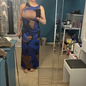 Sleeveless Abstract Print Maxi Dress in Blue and Brown